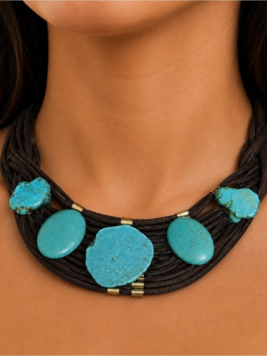 Jewelry - NEW Boutique Boho Brown Leather Multi-Strand Turquoise Stone Statement Necklace